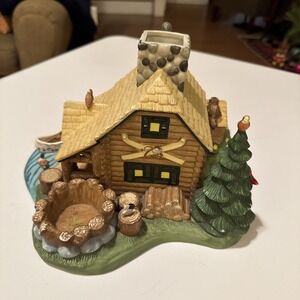 Gone Fishing Log Cabin Ski Lodge Campsite Ceramic Candle Holder By‎ Partylite